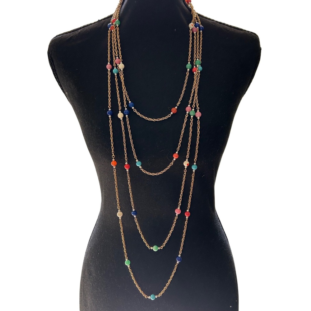 Vintage Multi Strand Gold Tone Layered Necklace Colorful Beaded 4 Tier 46 Inch